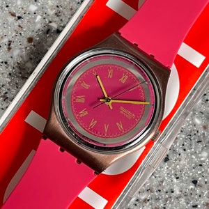 Swatch Watch Vintage 1989 GX118 Bookey’s Bet RARE 34mm face with replacement silicone band running with battery fabulous pink and copper