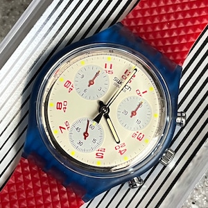 Vintage 1992 First Generation Chronograph Chrono original Swatch Watch VERY RARE model SCN103 called JFK red white blue working in box
