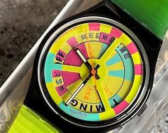 1989 Vintage Swatch Watch GB721 World Record never worn in box with battery RARE from the Sprint series 34mm face in mint condition