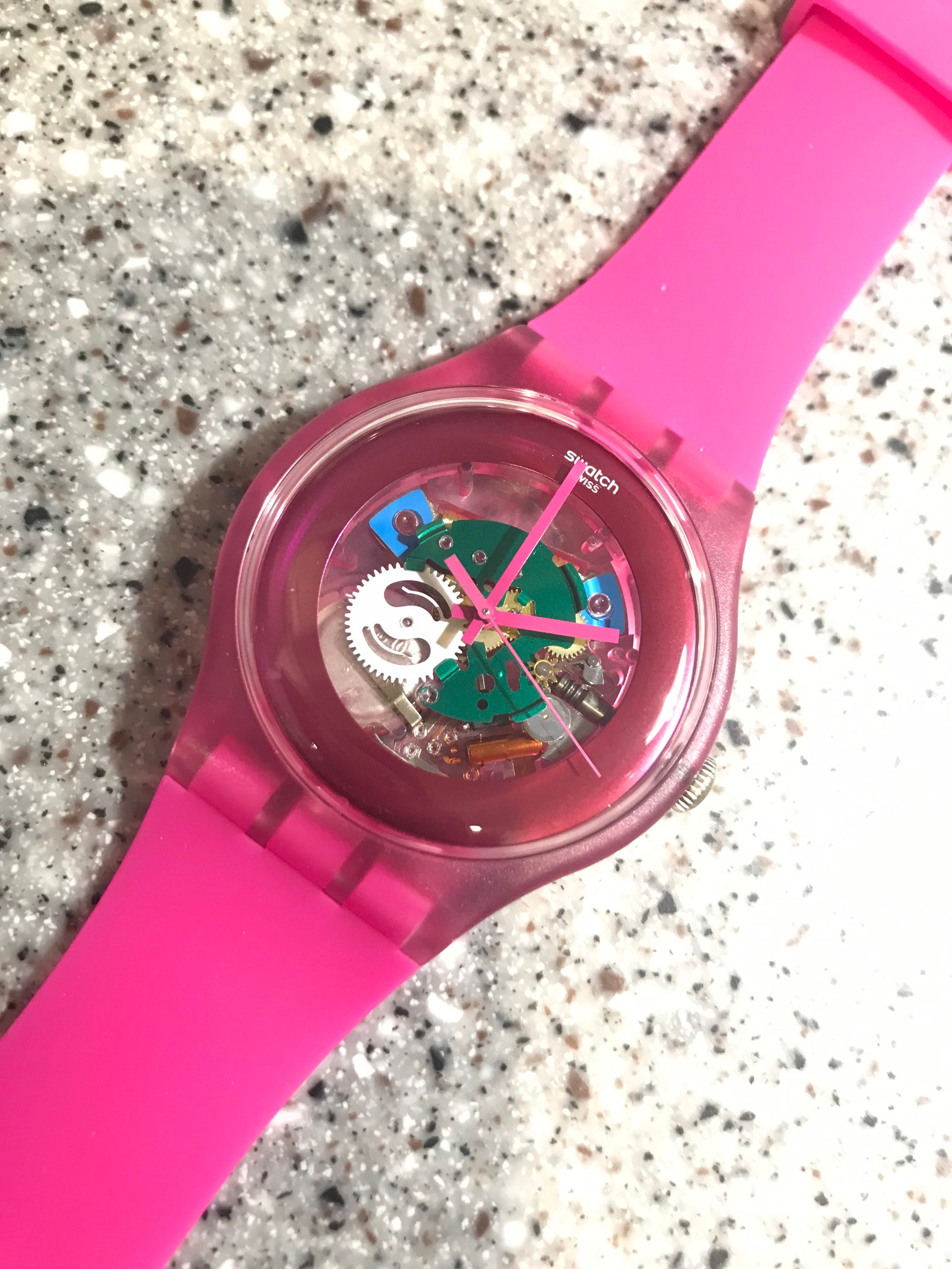 RARE Swatch Watch Pink Lacquered Skeleton Colorful Gears