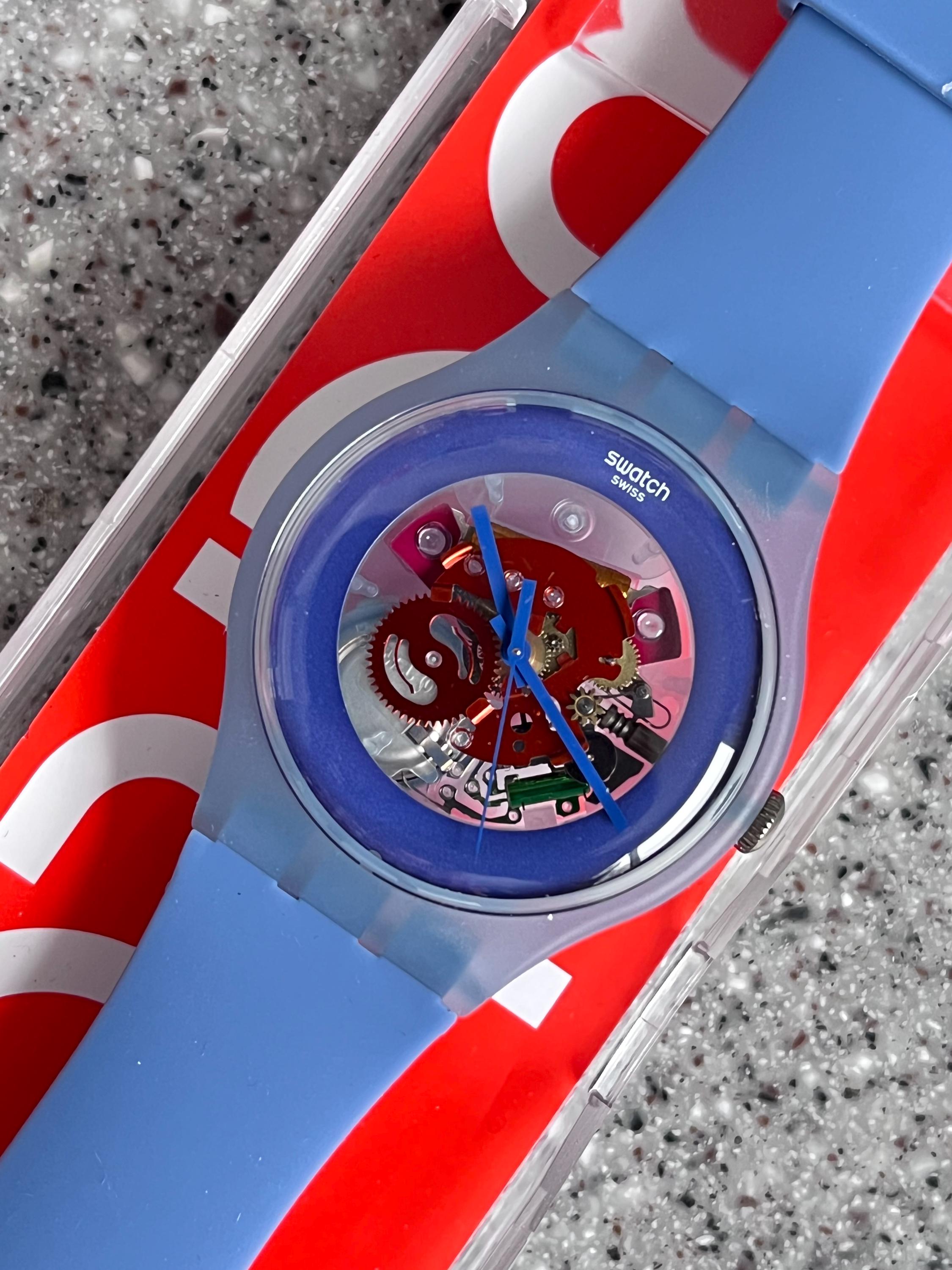 swatch ミシャ クライン Swatch Watch Light Blue Lacquer Skeleton RARE With Purple and Red