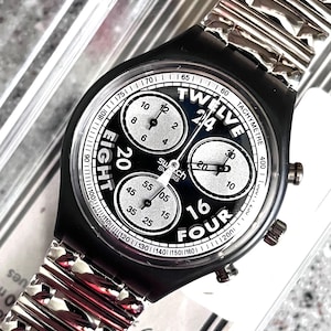 Vintage CHRONO never worn in original box with battery working large flexible band swatch watch SCM112 SPECCIO 1995 NEW mirror face great!