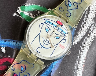 Vintage Swatch Watch Lindsay Kemp 34mm Artist Swatch Watch AMORE Sailor in original box with battery running with limited POSTER fabulous