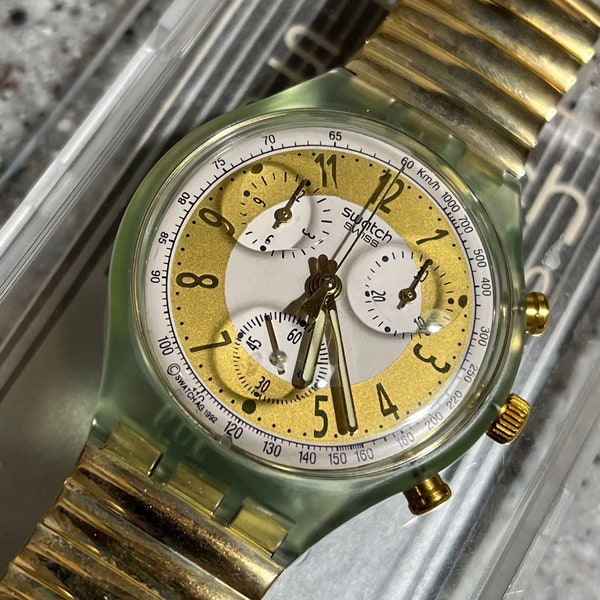 Vintage Swatch Watch 1993 Swatch watch Chrono - Chronograph watch called Golden Globe SCG100 model new old stock in box flex metal band