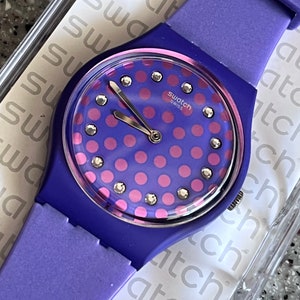 Swatch Watch perfect plum 34mm working with box and battery fabulous flexible band great swatch watch pretty with crystals