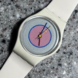 Vtg Swatch Raspberry Womens Watch 25mm White Blue Dial Brown Strap New Battery NEW : Vintage 1985 Swatch Lady RASPBERRY LW107 - Unworn  main image 4