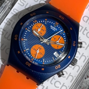 Swatch Vintage Aluminum case Irony Chrono midi size face YMN4000 called Million Volts replacement silicone band 35mm working blue and orange