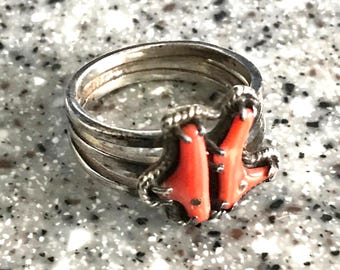 Victorian Sterling Koralle Zweig Ring einzigartiges Handwerker gemacht nautisches Thema