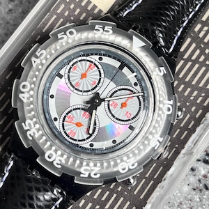 1995 Spring Summer Collection Acquachrono Black Rudder SBB100 large 44mm face leather band in box with battery runs fabulous watch swatch