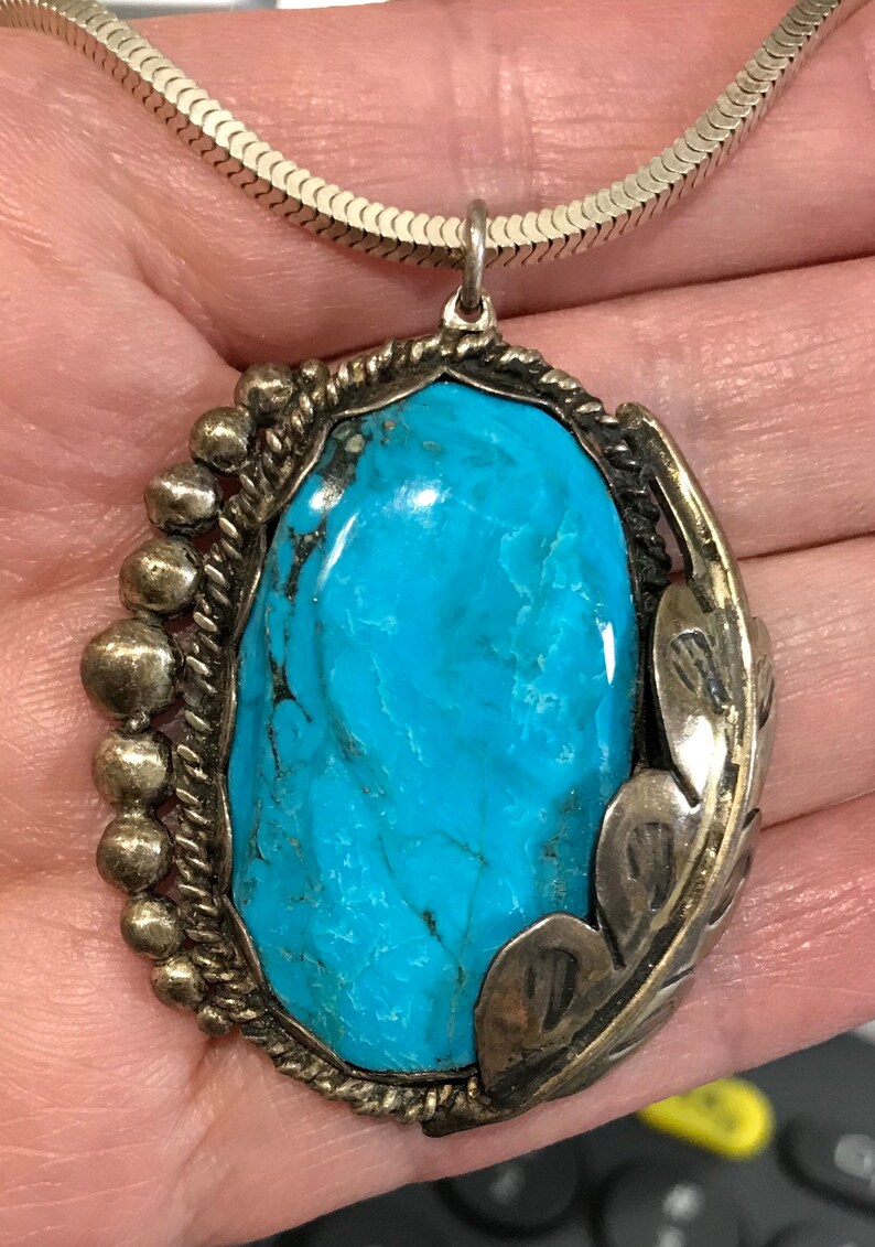 Vintage Zuni or Navajo signed large polished turquoise sterling pendant with sterling chain