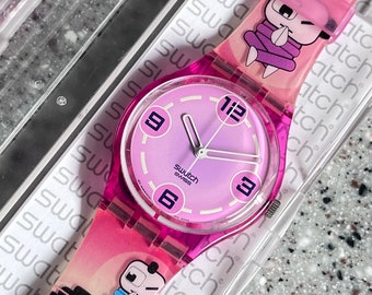 Vintage 2003 Swatch gp127 ZEN WINK Uhr Vintage Pink Swatch 34mm asiatisches Thema japanische Schriftzeichen nie in Box mit Batterie getragen