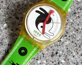 Original Rabit & Rabat from 1999 no box with battery 34mm yin yang environmental lovers Swatch Vintage Watch running pre owned