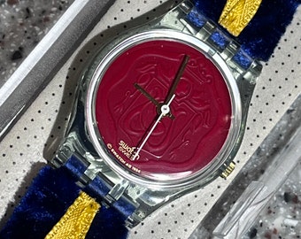 New 1995 vintage Swatch 25mm CORD ON BLEU LG114 unworn velvet on leather band in box with battery great swatch watch