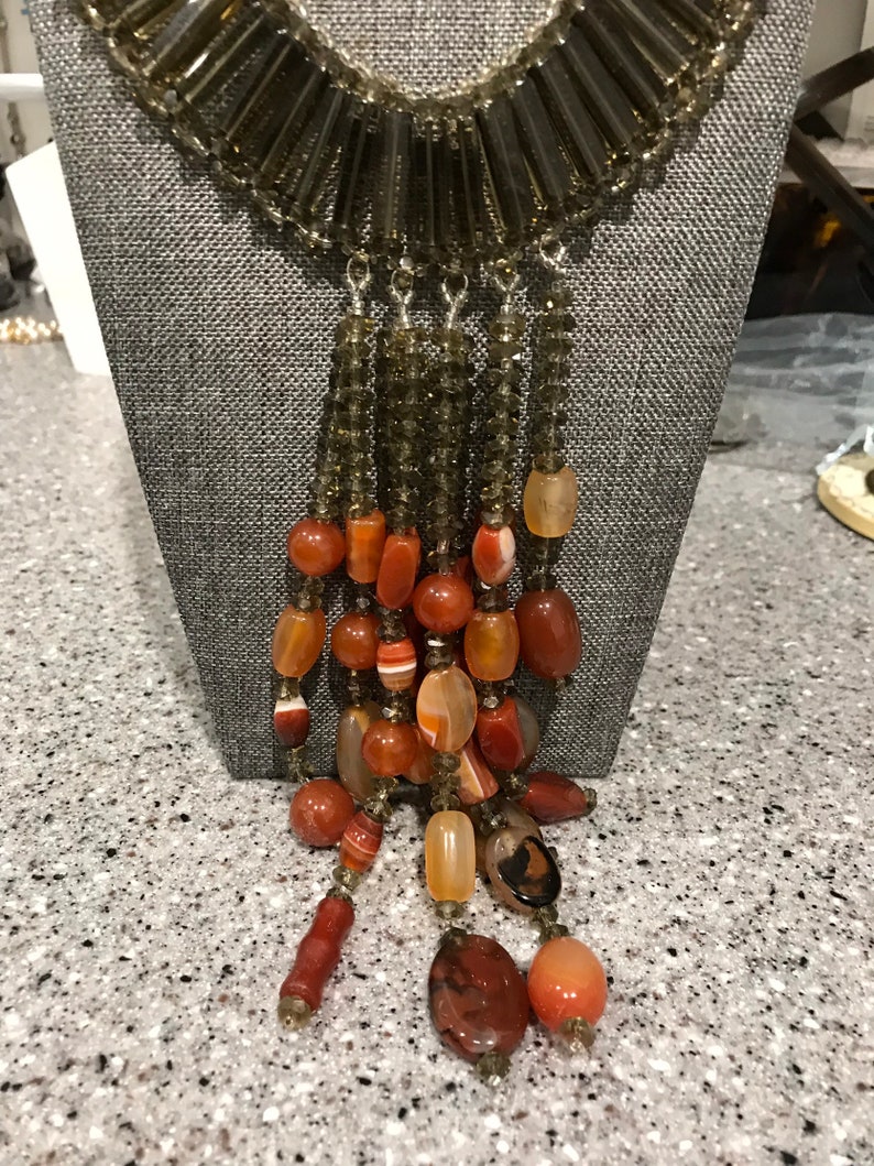 KeenlyDesigned carnelian and Czech smoky glass rod statement necklace