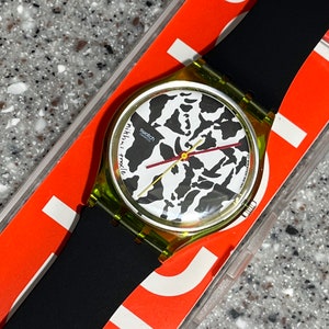 Swiss Art Vintage Swatch Watch 1991, numbered limited edition never worn battery running artist Flaeck cow pattern replacement band no box