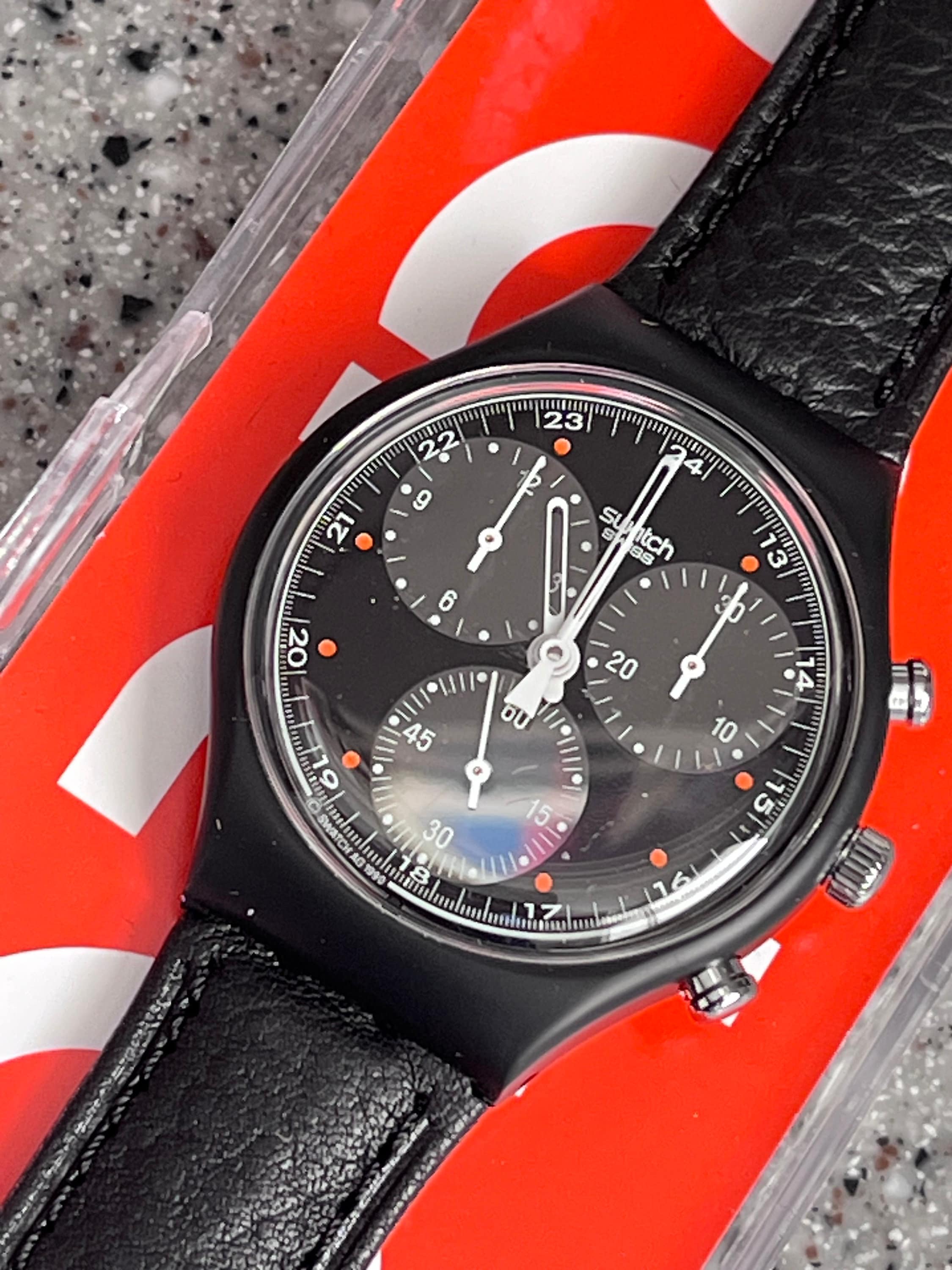 Vintage Chronograph Leather Band NEW in Box Vintage Swatch Chrono WALLSTREET SCB106 From 1991 With Battery Running Well Early Swatch Swiss Etsy Australia