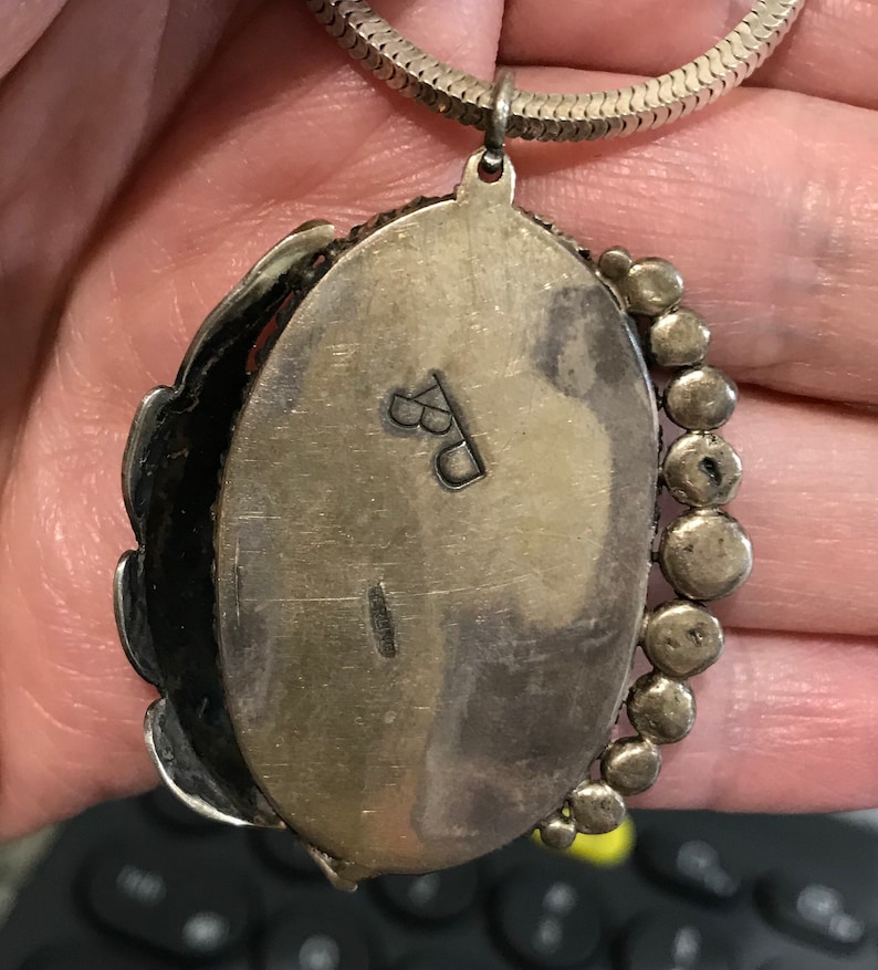 Vintage Zuni or Navajo signed large polished turquoise sterling pendant with sterling chain