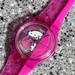 New Unworn Swatch Watch 34mm flexible band everyday wear PINKORAMA skeleton pink and jelly swatch watch with battery and box fabulous fun
