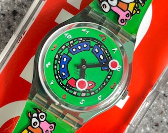 Vintage Swatch Uhr 34 mm Original Crazy Train mit Kühen GG194 läuft mit Batterie in Box ausgezeichnetem Zustand fun Swatch Uhr Künstlerstil