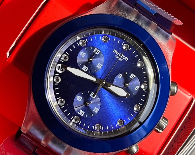 New Vintage Swatch Irony Diaphane Chronograph Royal Blue Colored RARE Working With Battery in