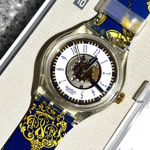 Vintage Swatch automatisk klocka 1991 St. Peter's Gate SAK106 NY aldrig använd i kartong, tidig Swatch klocka kunglig blå med franska detaljer