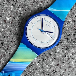 NEW Swatch Watch with battery Wintery Scenery very limited edition beautiful blues Chinese inspired small nod to great wall on band 41mm
