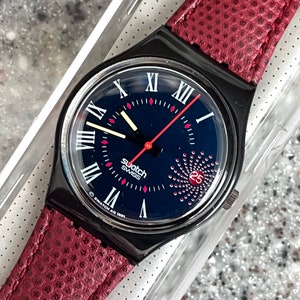 Swatch vintage watch Barajas GB416 RARE new never worn in original box with leather band running with battery estate piece date feature 92