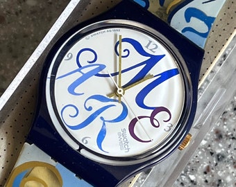 93 Vintage Swatch Watch GN128 Algarve NEW never worn in box with battery running MARE means Sea in French ocean waves 34mm face