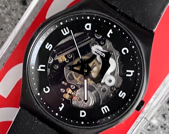 Swatch Watch Black and White Logo SKIN Swatch 42mm Larger Skeleton