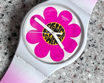 スウォッチ　フラワー Large 41mm Swatch Watch Fabulous Pink Flowers Called FLOWER POWER