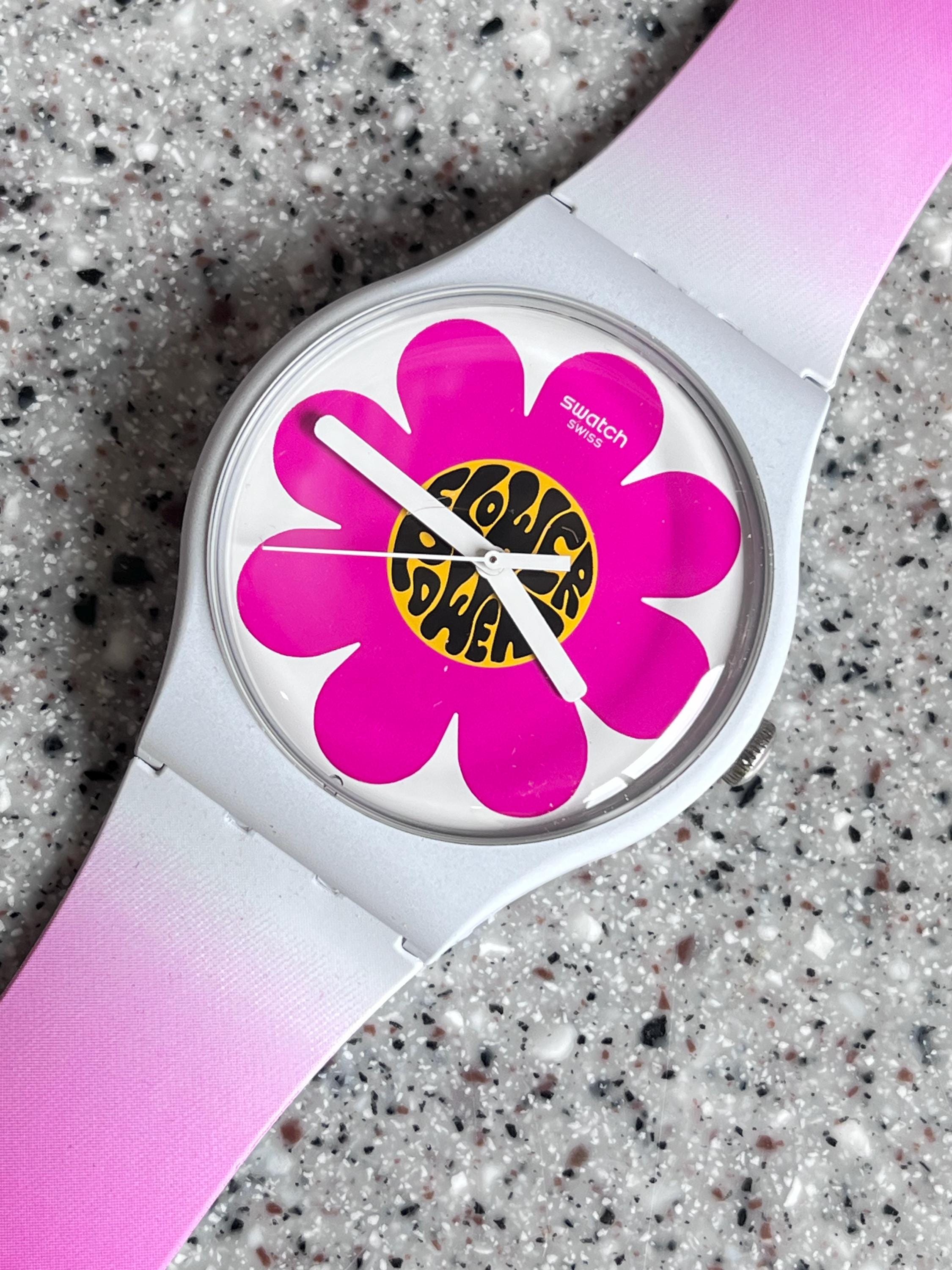 Large 41mm Swatch Watch Fabulous Pink Flowers Called FLOWER POWER