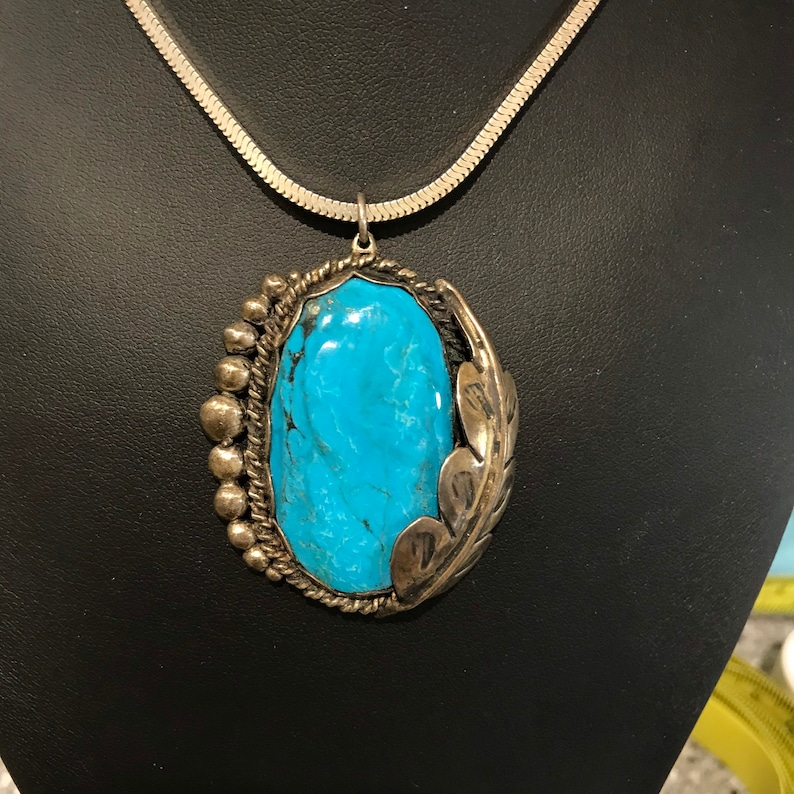 Vintage Zuni or Navajo signed large polished turquoise sterling pendant with sterling chain