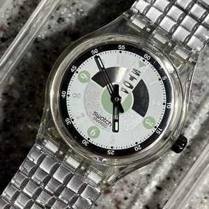 1993 Swatch Watch Vintage Never Worn in original box running with battery Stop Watch 34mm face beautiful flexible band SSK108 EARLY swatch