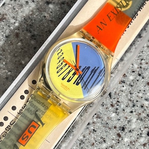 Vintage Swatch-klocka från 1991, ny, gammal, original, aldrig använd, i originalkartong med batteri, GK131 MCM, rolig, färgglad neon, 34 mm, urtavla, fungerar med batteri.