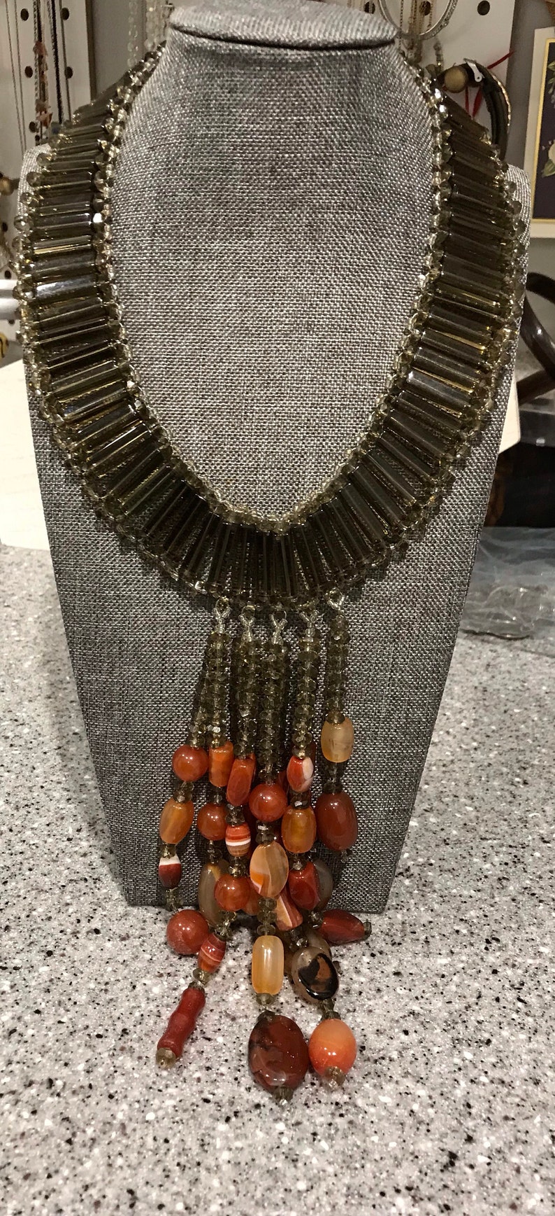 KeenlyDesigned carnelian and Czech smoky glass rod statement necklace