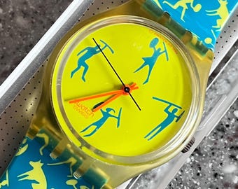 Vintage Swatch Watch artist designed 34mm African Can GK120 swatch in original box unworn with battery running free shipping USA great watch