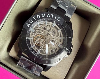 Fossil BQ2427 Men's Watch, black with linked stainless band Brand NEW in box running Automatic large 45mm case