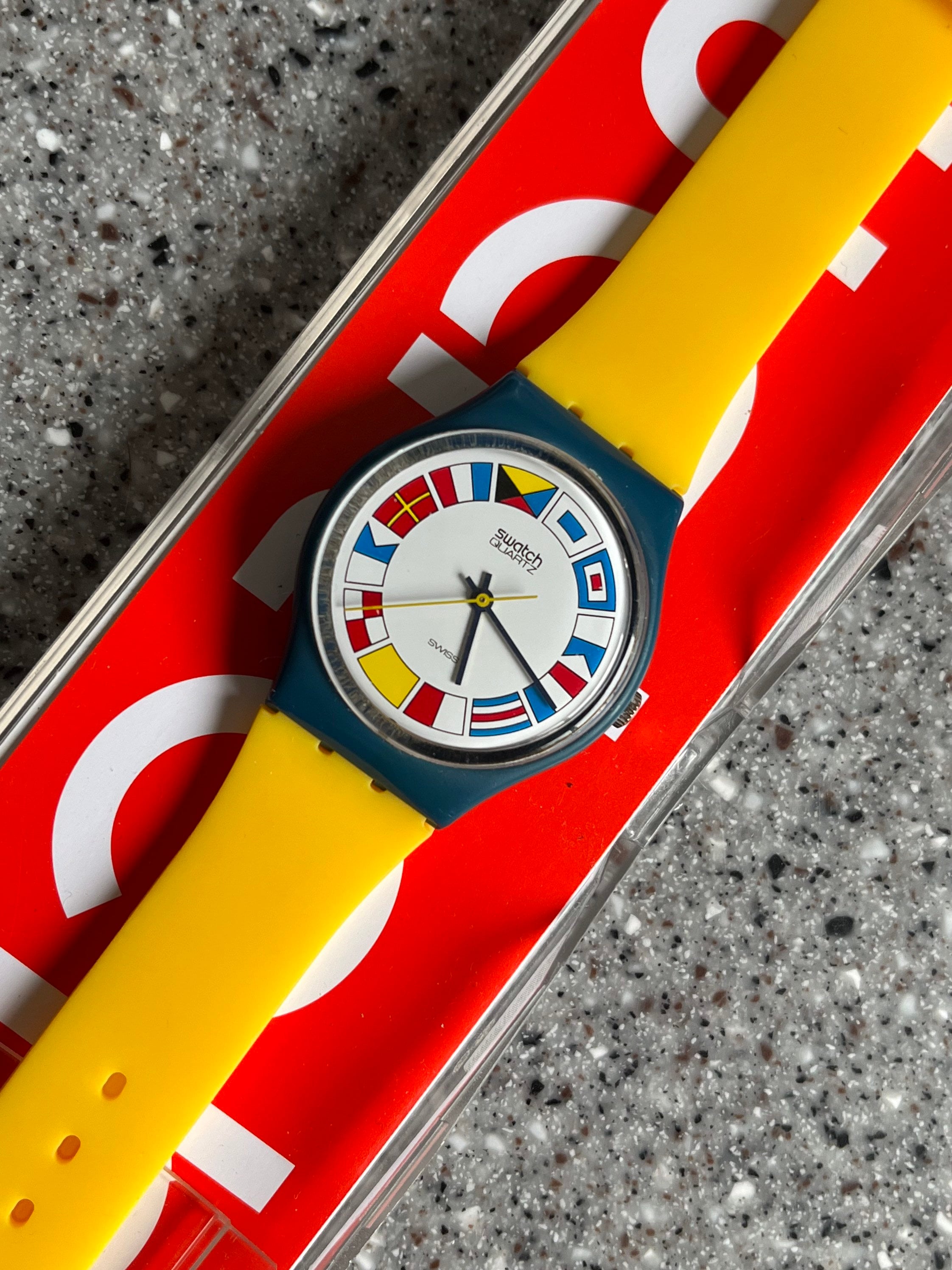 1954年　レトロスウォッチGS101、12フラッグスウォッチ Vintage Swatch Watch 12 Flags GS101 1984 Summer Blue Nautical