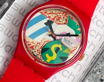 Vintage Swatch Watch 94 Collage Dore GR116 Herramienta de cambio de correa GRATIS con compra de banda de silicona de reemplazo Bolsa facial de 34 mm de muestra de dinero