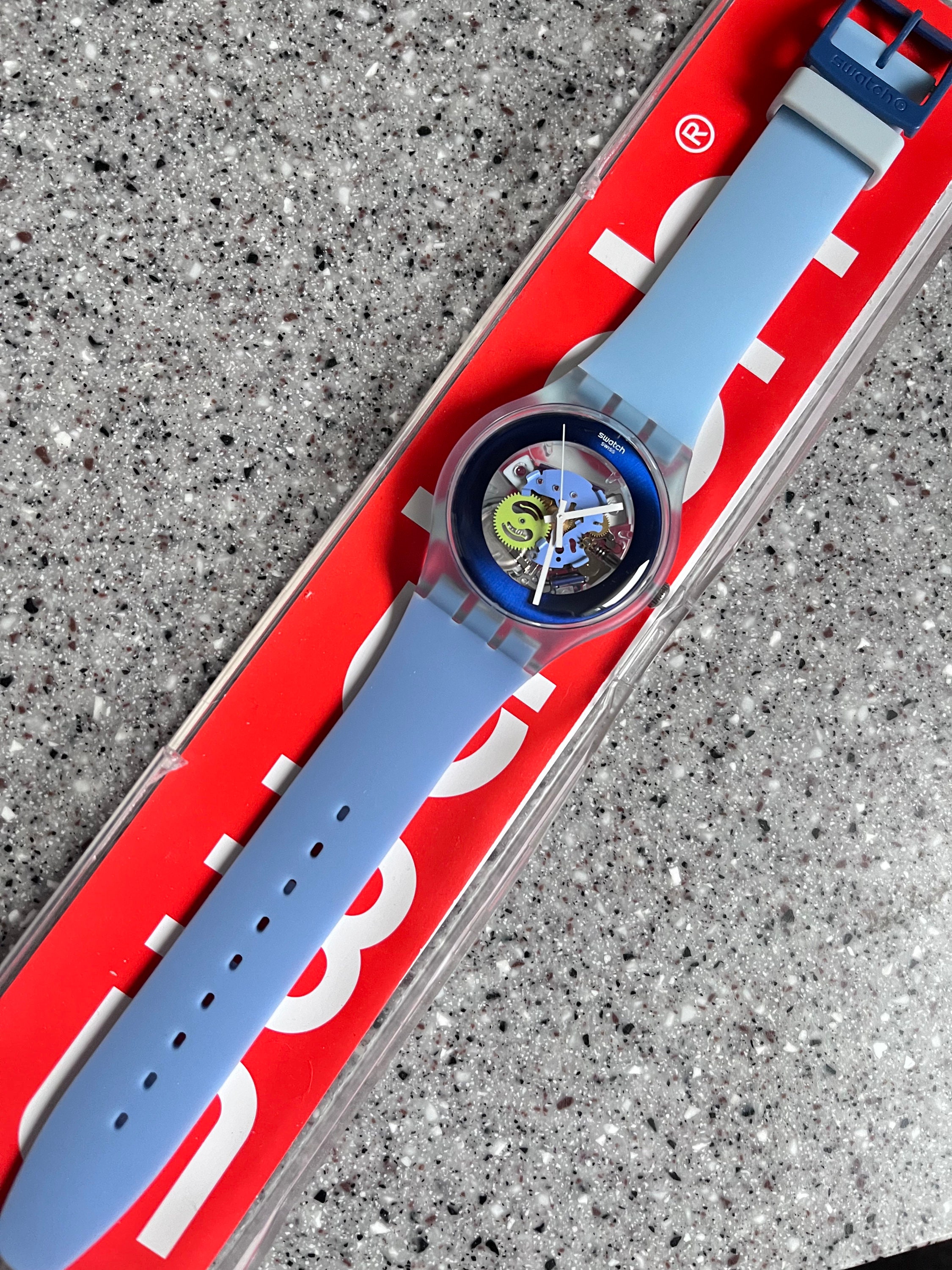Swatch Watch Light Blue Lacquer Skeleton RARE With Light 