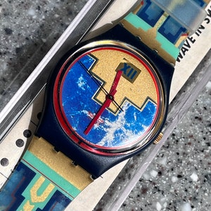 Vintage collectors swatch NEW in box from 1991 34mm face called BLUE FLAMINGO GN114 fragile band not for everyday wear Rare original strap