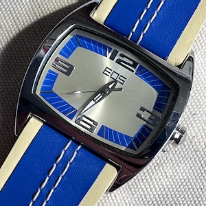 RARE EOS Sports Watch Blue and Cream 1.5 inches diameter face leather band unworn in box with battery running  9 inch band retro watch