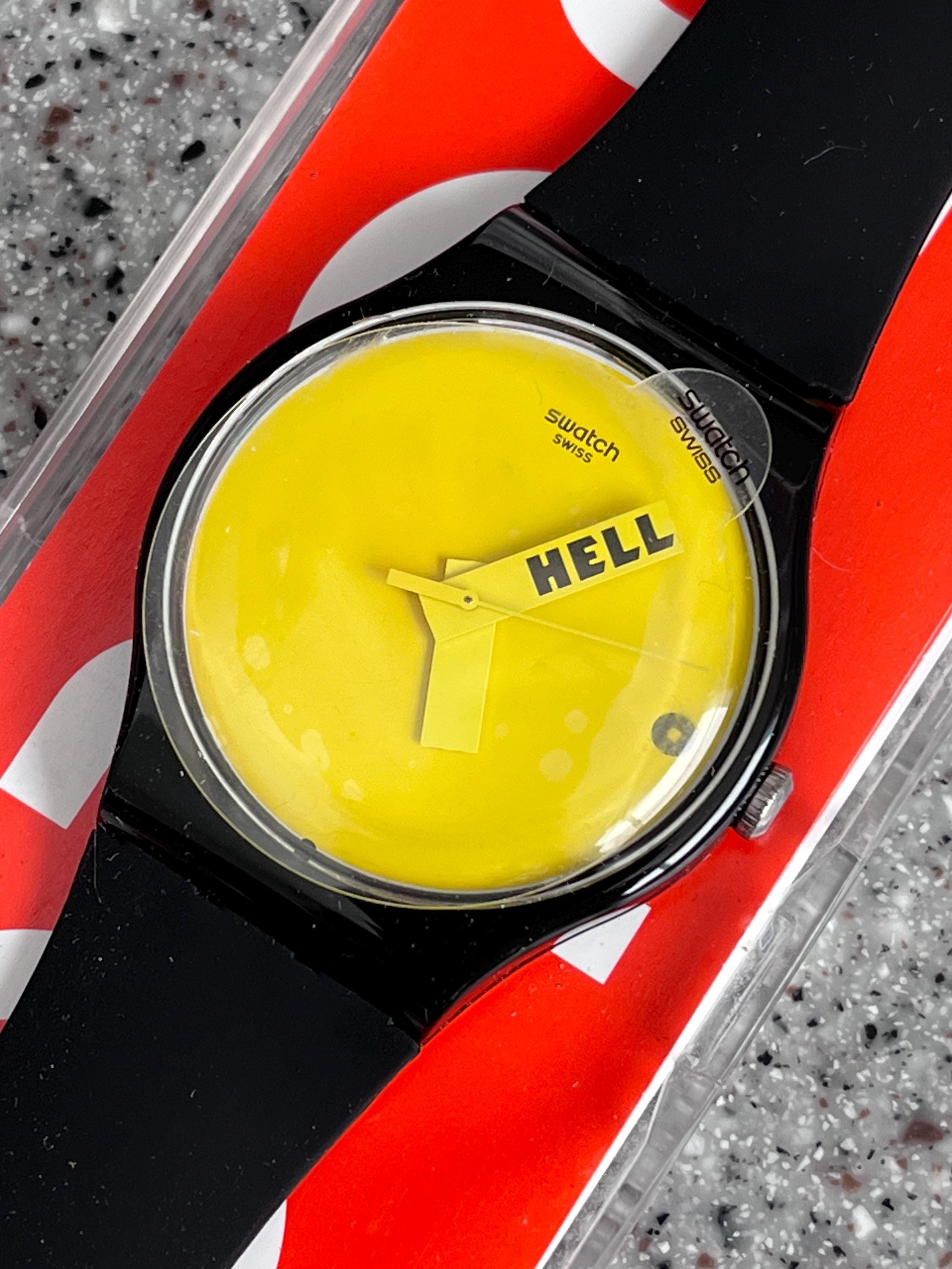 Swatch Watch Vintage 41mm HELL O Watch Yellow Black Unworn in Box