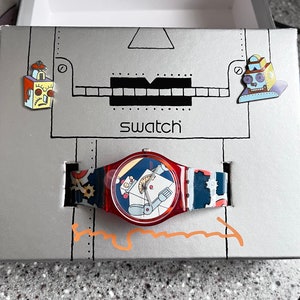 1997 Vintage Swatch Watch Roboboy GR135 signed by Steve Guarnaccia with papers in box running BRAND NEW 34mm face with earrings numbered