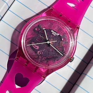 Swatch LOVE with all the alphabet pink 34mm swatch special in box with battery unworn NEW cutout strap spells MOM great gift swatch everyday