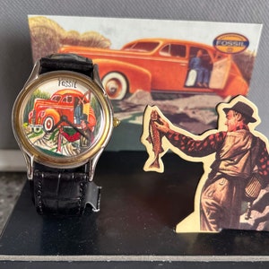 RARE Hand painted Vintage Fossil numbered watch Packard Truck fishing theme in original box with paperwork never worn working with battery!