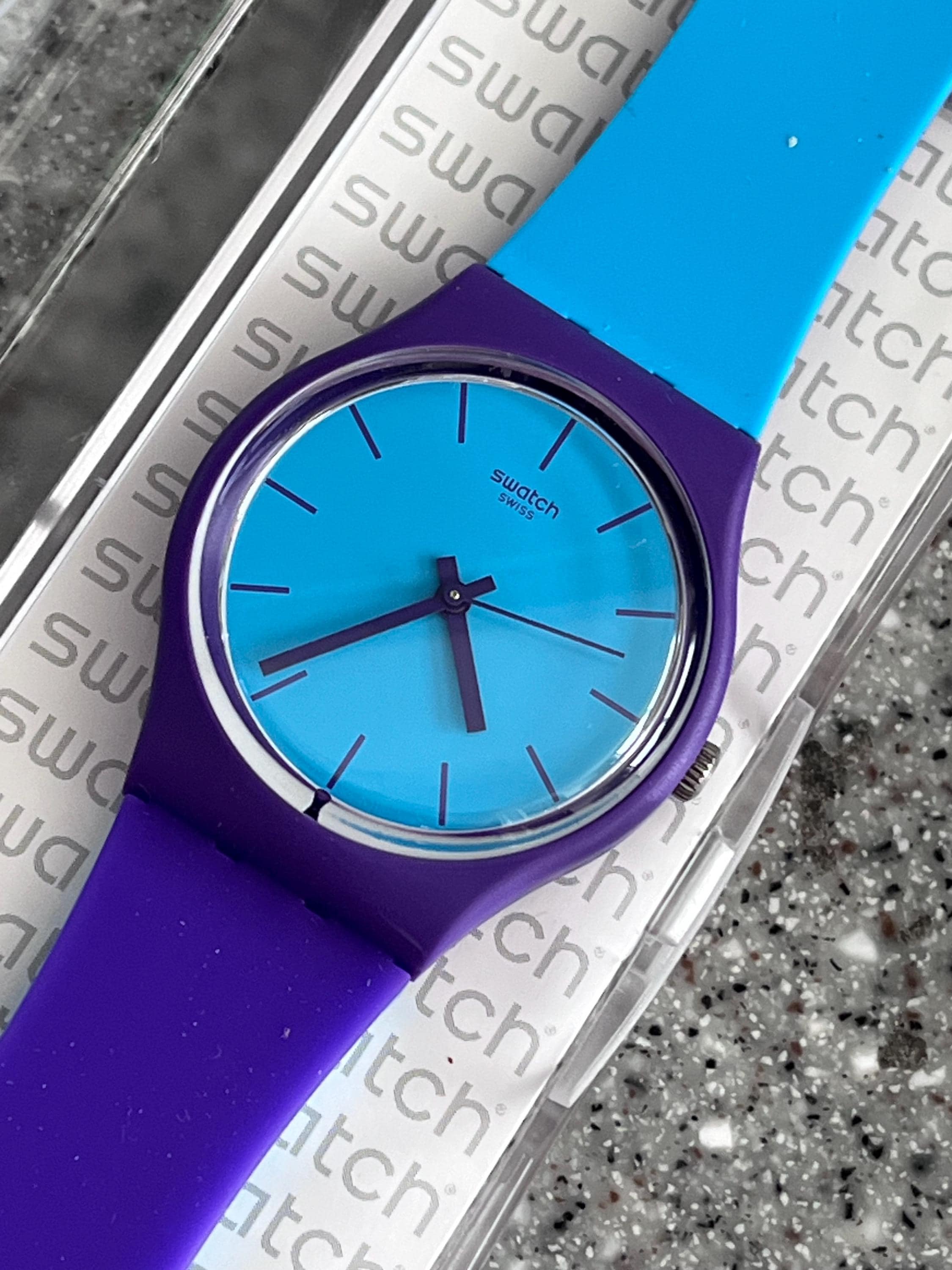 Swatch Watch wonderfully bright new old stock never worn in box with battery 34mm face silicone band for everyday wear fun colorful swatch