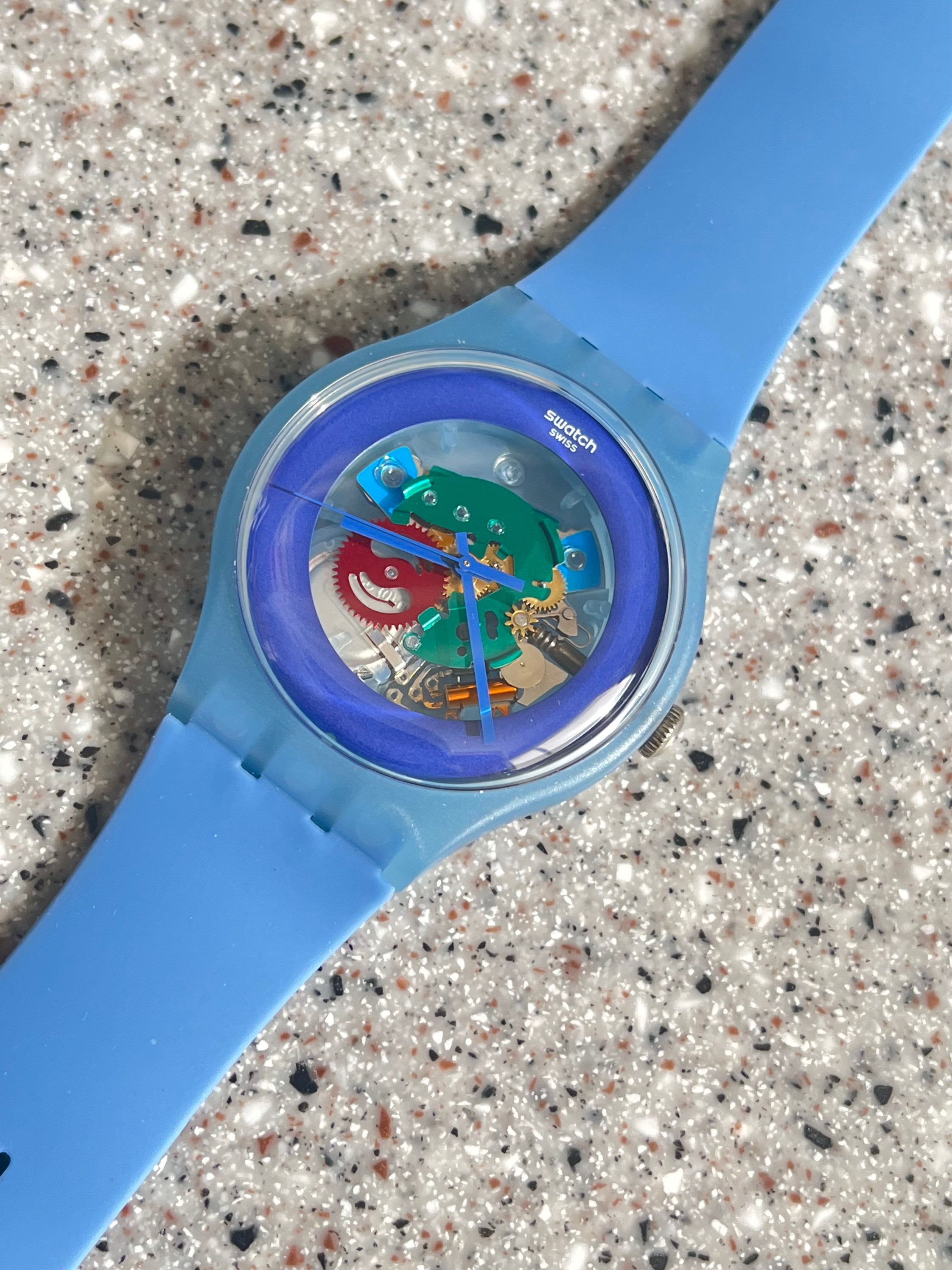 Swatch Watch Beautiful Blue Lacquered Swatch!! 41mm Face with Skeleton Features and Awesome Exposed Gears Running New in Box Never Worn