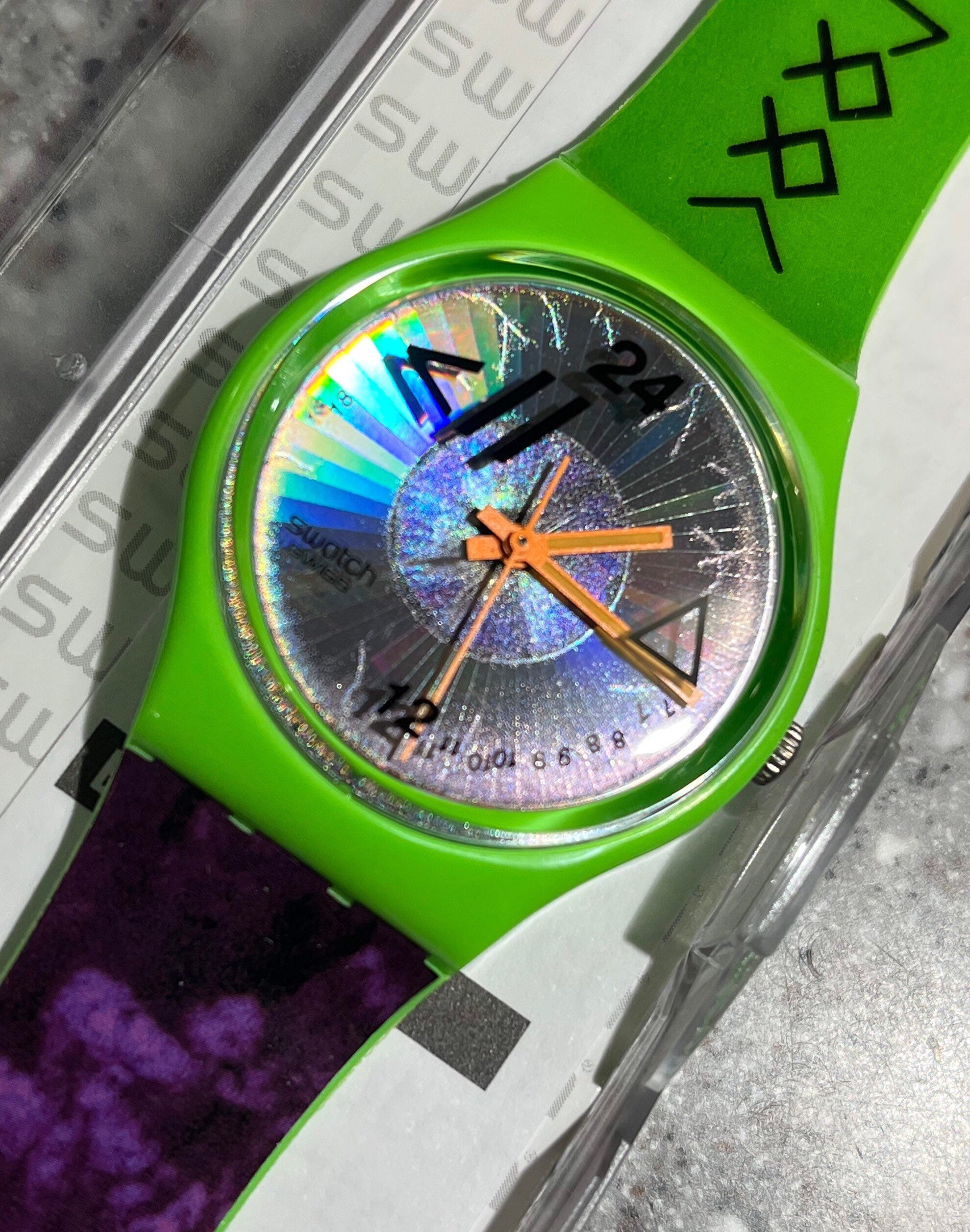 Swatch Watch Playa Look 24 Hour GMT Green Neon Watch With Blue Eye