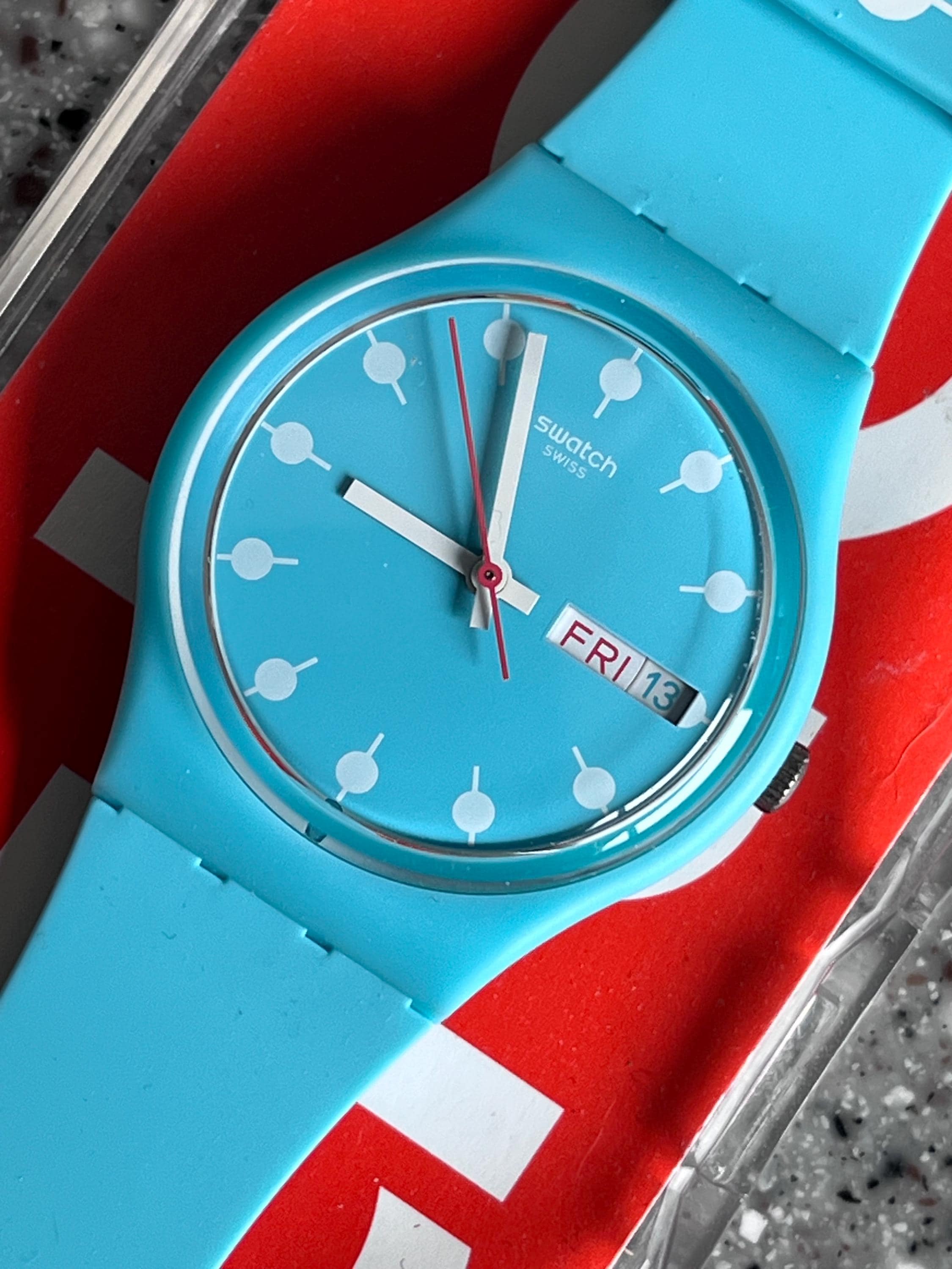Swatch Watch Blue Day Date Feature NEW Venice Beach Swatch Watch